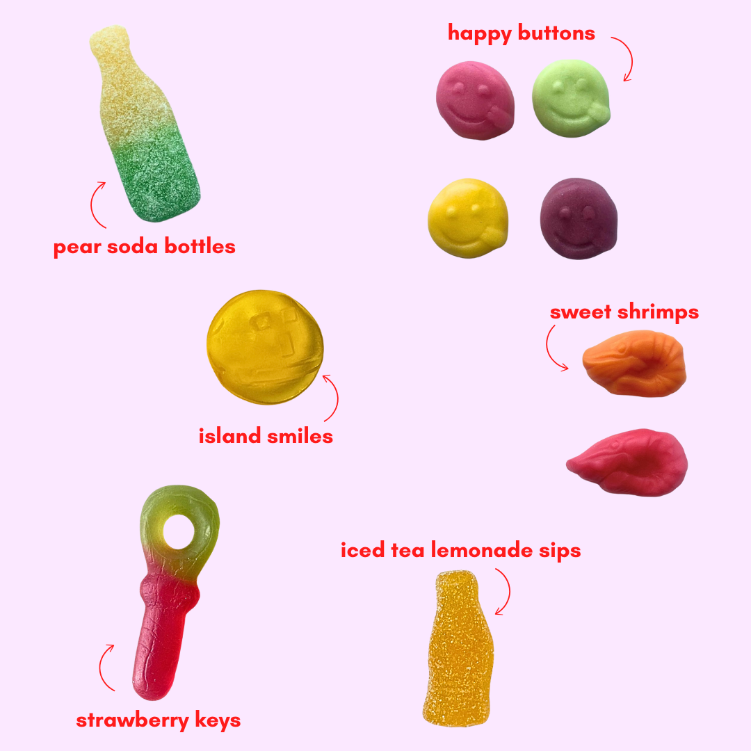 Colorful gummy candies with labeled names on a pink background
