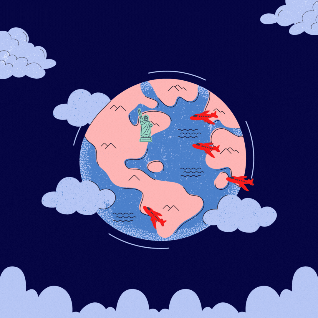 a gif of planes flying from around the globe to lil sweet treat in NYC