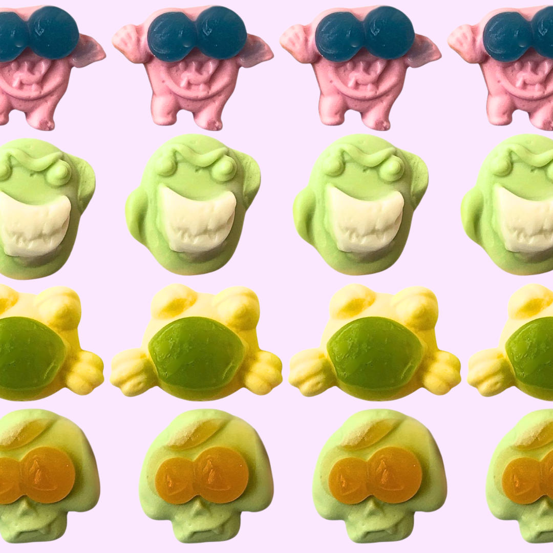 monster shaped gummies in multiple colors for halloween