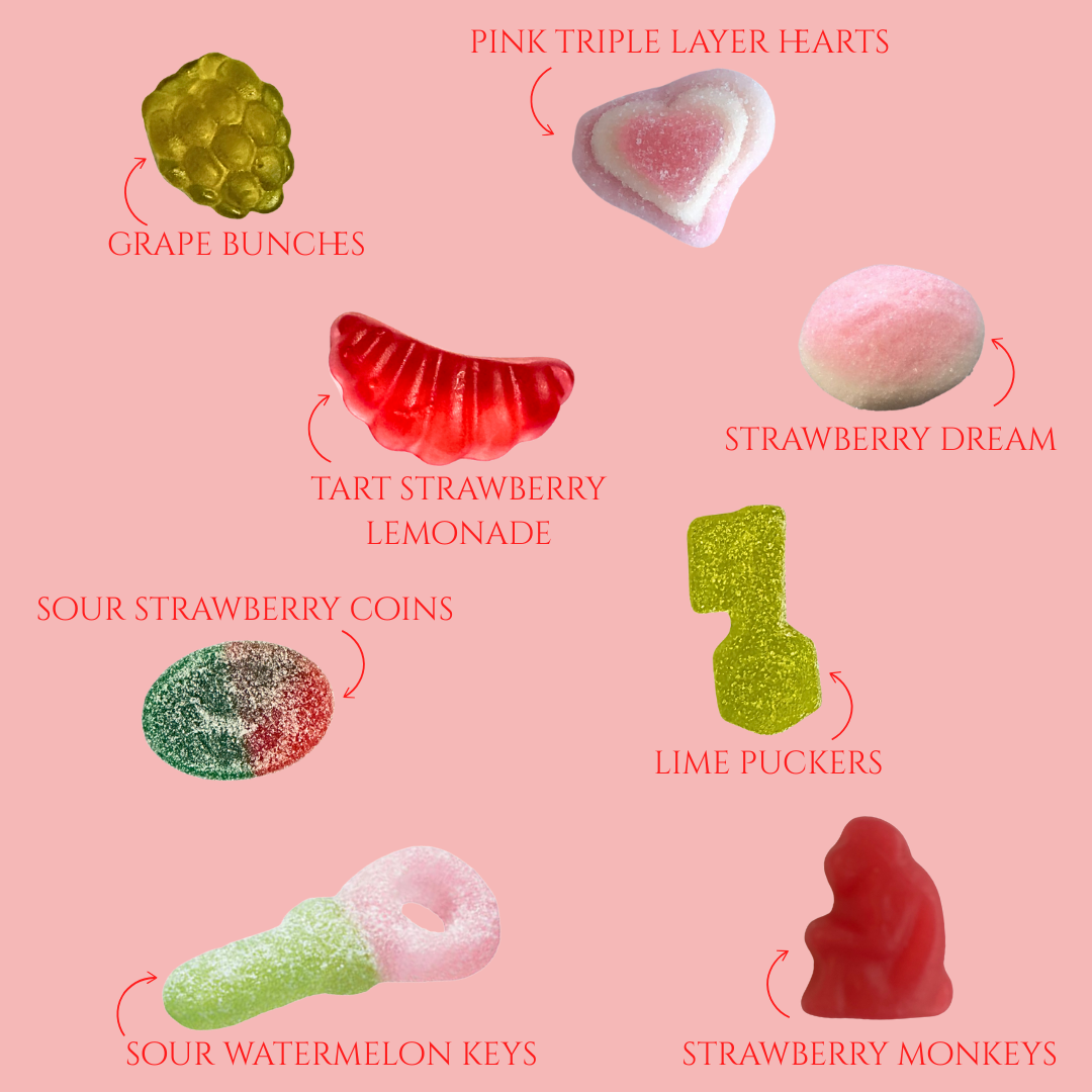 Illustrations of various gummy candies with labels on a pink background