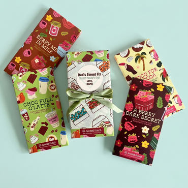 Colorful chocolate packaging on a light blue background