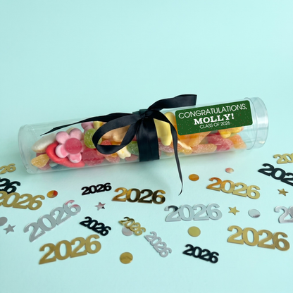 Graduation-themed candy roll with 'Congratulations, Molly! Class of 2026' text on a light blue background with '2026' confetti.