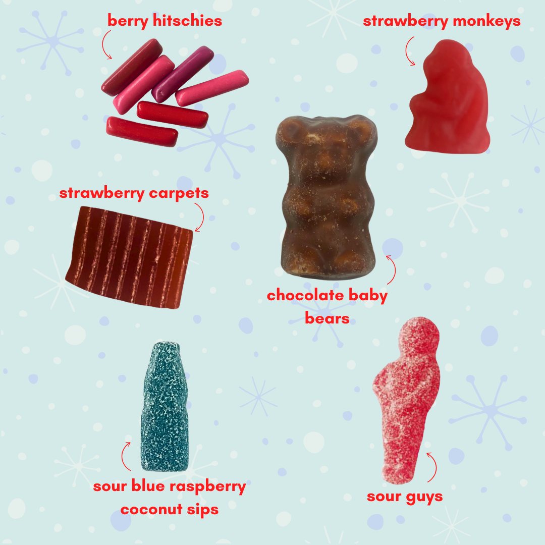 a lil cheer: sweet, sour + chocolate gummy candy mix (1/2lb)