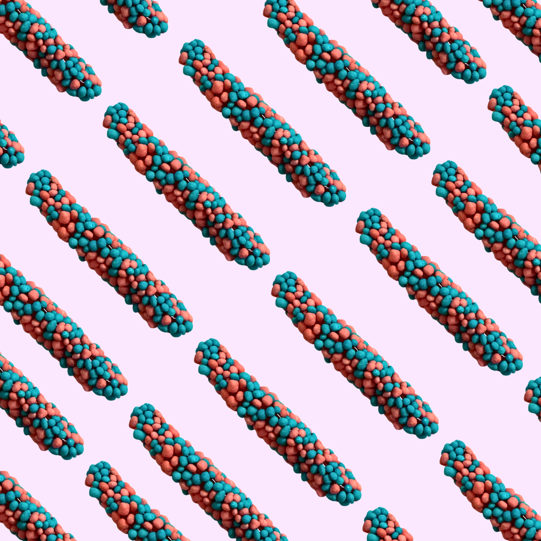 chewy gummy rope covered in crunchy candy pieces 