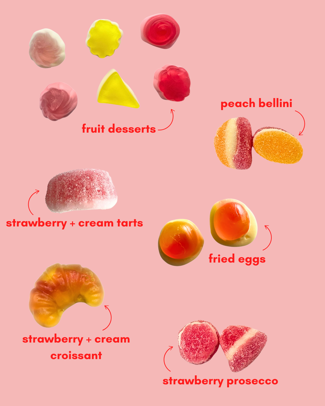 photo of candies featured in breakfast at lil sweet treat sweet gummy mix - featuring fried eggs, croissant shapes + dessert shapes