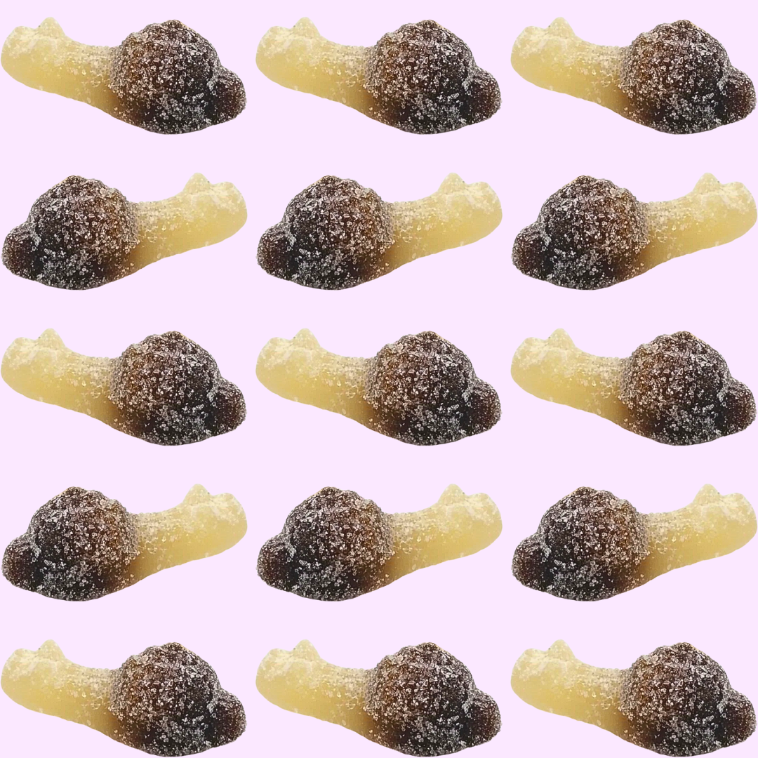 blue and white gummy snails flavored like sour cola 