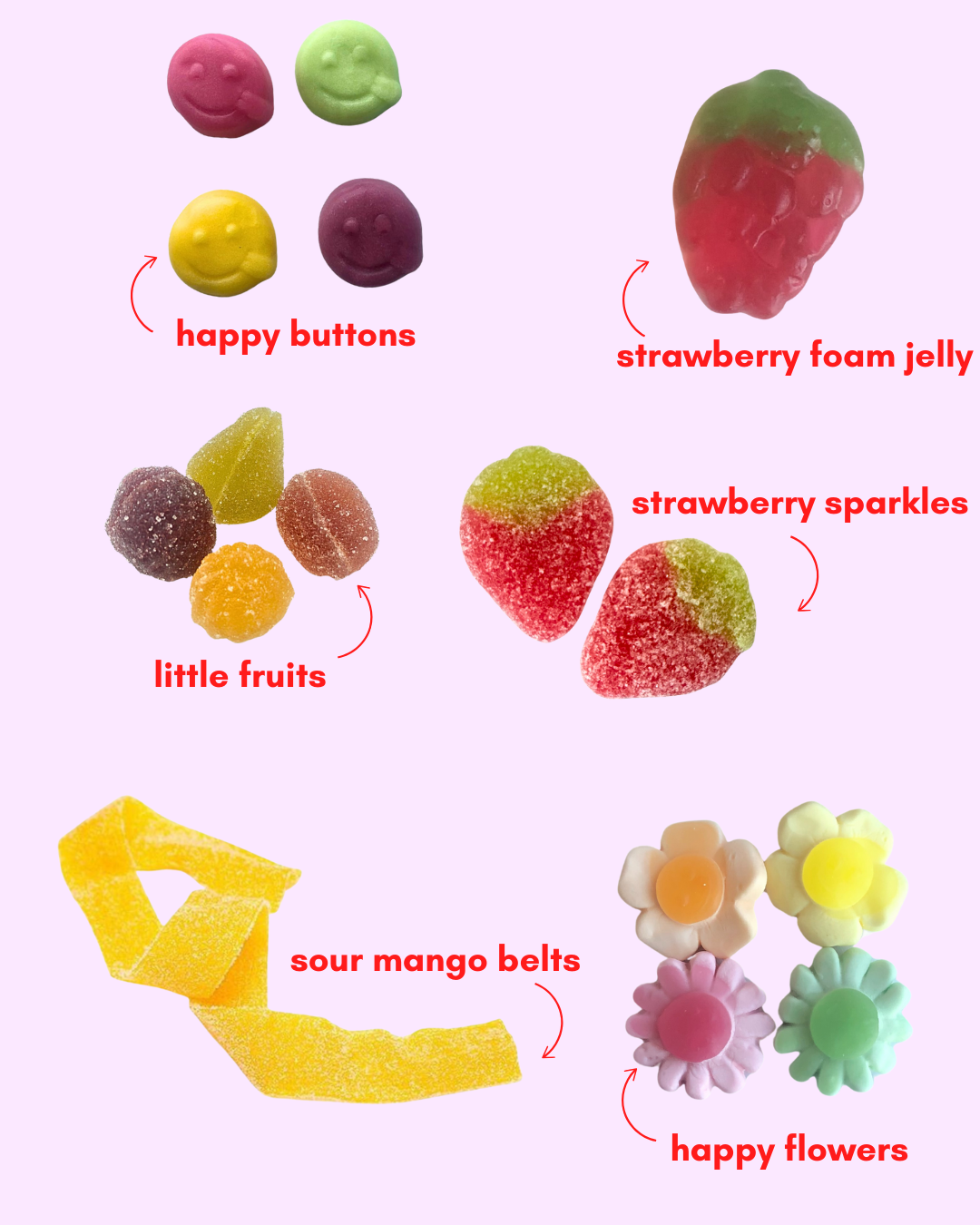 Assorted colorful candies with labels on a pink background
