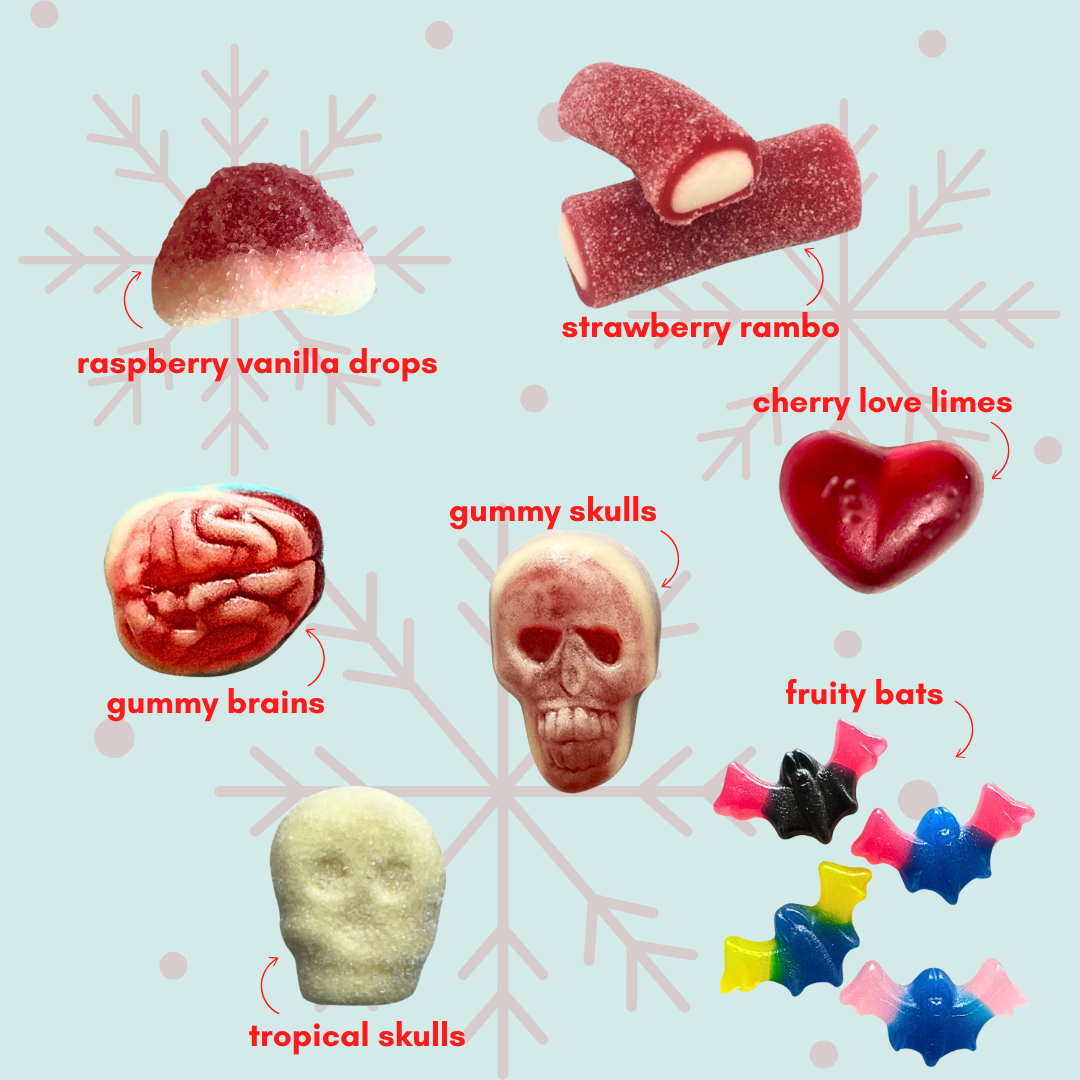 holly jolly nightmares: sweet + sour gummy candy mix (1lb)