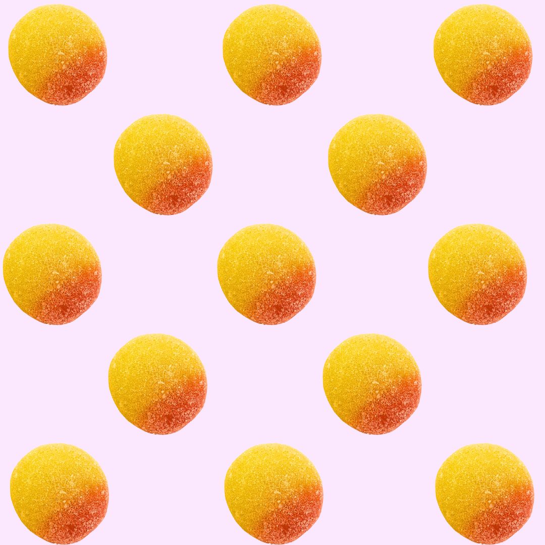 peach puffs gummy candy from the Netherlands