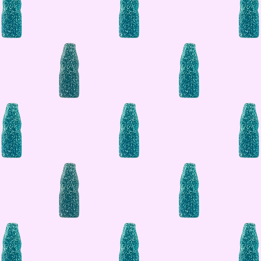 Pattern of teal gummy bottles on a pink background