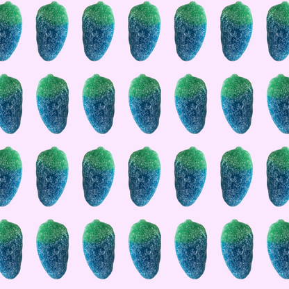 Pattern of blue and green textured objects on a light purple background